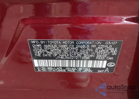 2007 Lexus Es 350 из США, поврежденный, VIN JTHBJ46G272113785